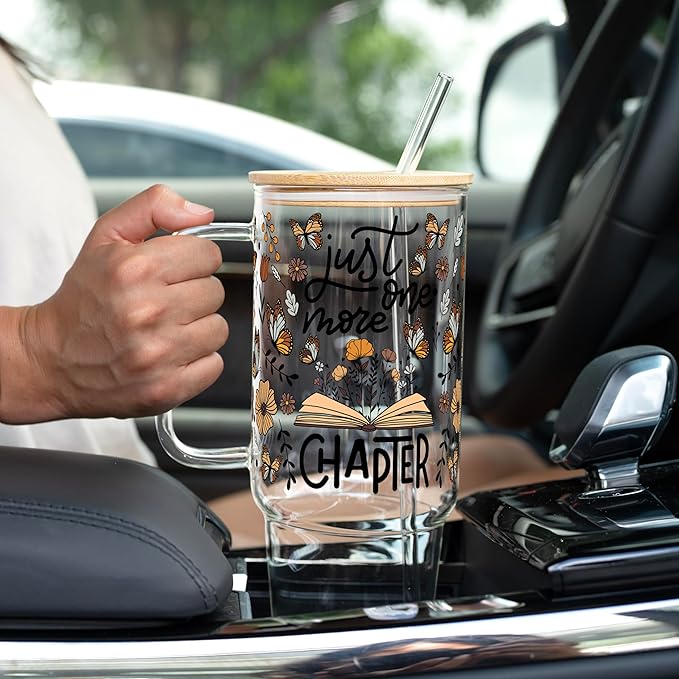Sip-Sip Hooray! Just One More Chapter 40oz Glass Tumbler with Lid and Straw Book Lover Gift Aesthetic Iced Coffee Cup Large Handmade Reader Drinkware for Booktok and Readers