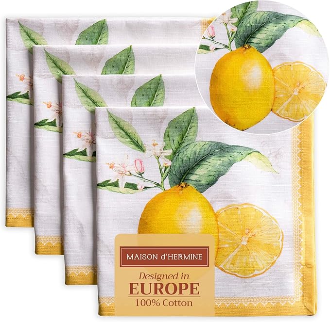 Maison d' Hermine Cloth Napkins Set of 4 100% Cotton Everyday Reusable Square Napkins Cloth Washable Dinner Party Wedding Restaurant Valentines Day Decorations Spring/Summer (Limoncello, 20" x 20")