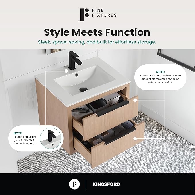 Fine Fixtures Kingsford Modern 24 Inch Bathroom Vanity with Sink, White Oak Finish, Elegant Bathroom Vanities for Modern Homes, Stylish Storage Solutions for Bathrooms