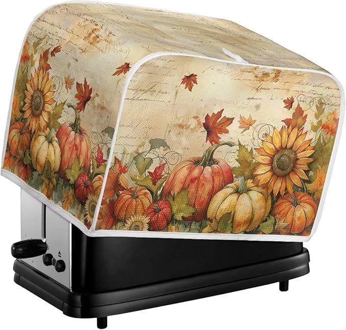 Doojoayie Fall Theme Toaster Cover Small Appliance Cover 4 Slice Dustproof Toaster Machine Protection for Most Standard Toasters, Flower Pumpkin Print