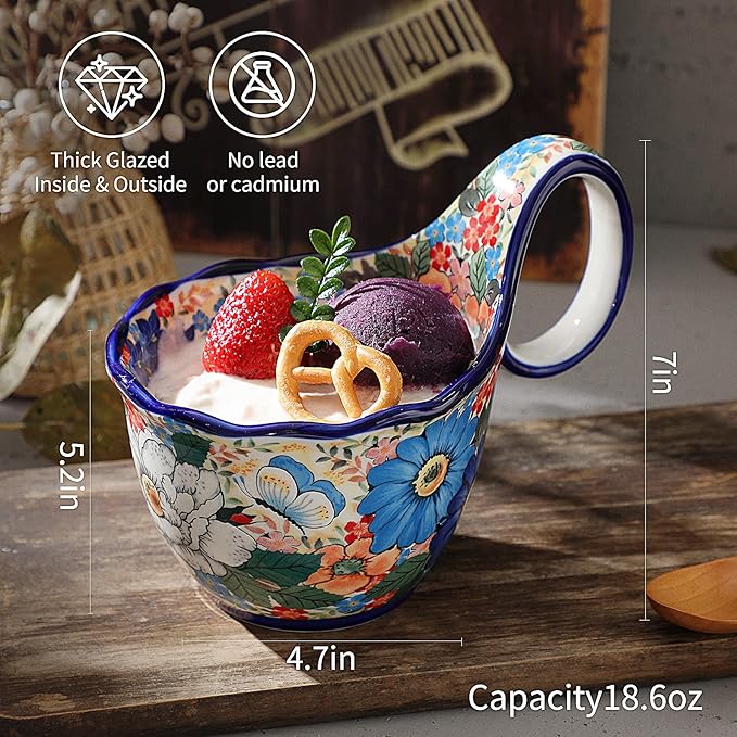 ALMA 2025 Updated Microwavable Soup Bowl with Large Long Handle,18oz Soup Bowl Giftable for Women,Unique Cereal Bowl for Soup,Yogurt,Snack,Chip,Stew,Ice cream-Wildflower Waltz Theme