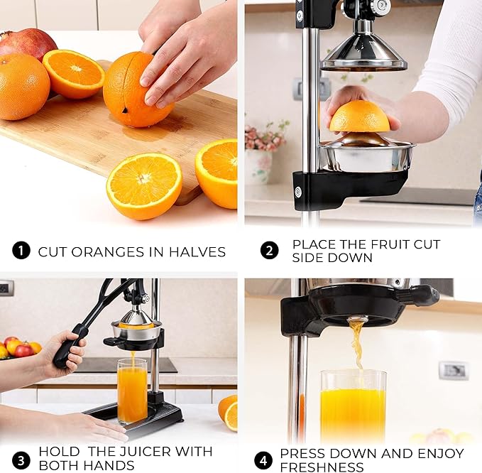 Zulay Kitchen Pulverizer 9 in 1 Cast Iron Juicer - Easy-to-Clean Heavy-Duty Manual Juicer with Presser Attachment to Juice All Types of Fruits! Extra Tall with Stainless Steel Bowl - Black