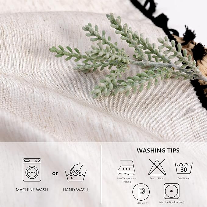 MYSKY HOME Table Cloth 60x120 in Rectangle, Heavy Duty Cotton Tassel Linen Look Waterproof Tablecloths Farmhouse Tablecloth, Wrinkle Free Table Cover with Black Tassels for Kitchen Dining, Party