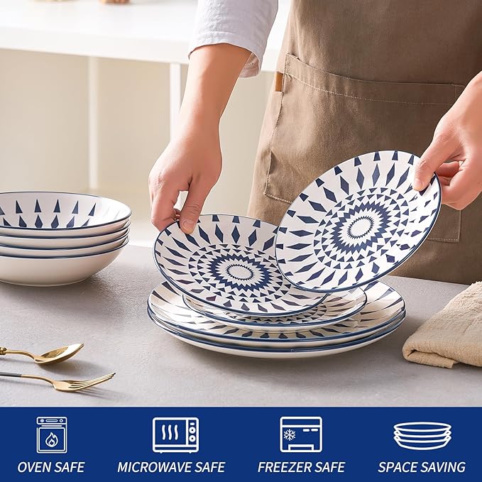 Bestone 12-Piece Round Porcelain Dinnerware Set, Service for 4, Chip Resistant Plates and Bowls,Blue, Dishwasher & Microwave Safe for Home Daily Use