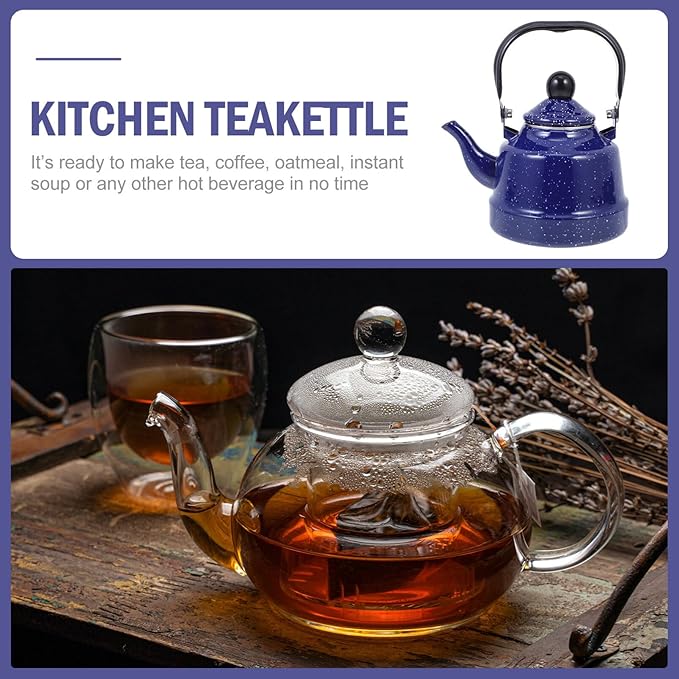 Enameled Water Kettle with Mottling Pattern 7.87 Inch Ceramic Tea Pot for Loose Leaf Tea Stylish Speckled Enamel Teapot for Kitchen and Heating Water