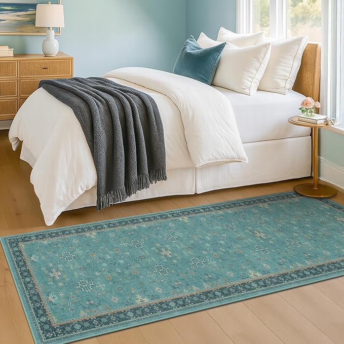 Boho 2x7 Long Non Slip Kitchen Rug Runner - Teal Washable Rug for Bathroom, Hallway, Door Mats Indoor Entrance,Non Slip with Rubber Backing, Vintage Floral Indoor Décor