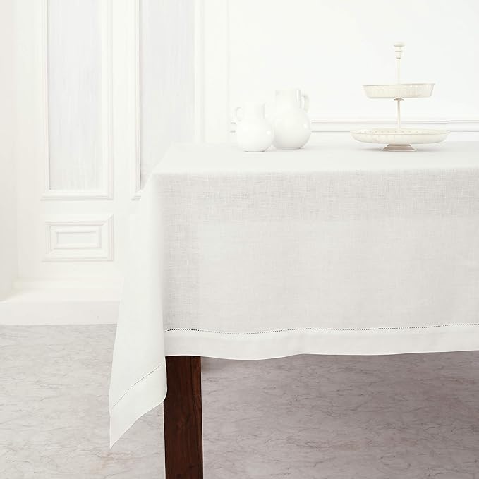Solino Home Linen Tablecloth for Rectangle Tables 60 x 144 Inch - Classic Hemstitch 100% Pure Linen White Table Cloth - Machine Washable Cloth Tablecloth for Winter, Spring, Easter, Valentines