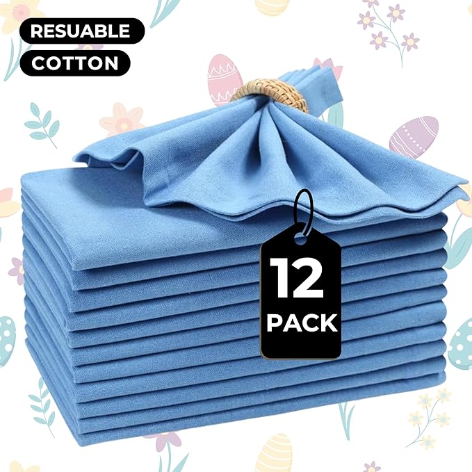 Homidate Cotton Dinner Napkins Set of 12 – 18x18 Light Blue – Machine Washable Fabric Napkins Ideal for Weddings, Thanksgiving, Christmas & Everyday Dining