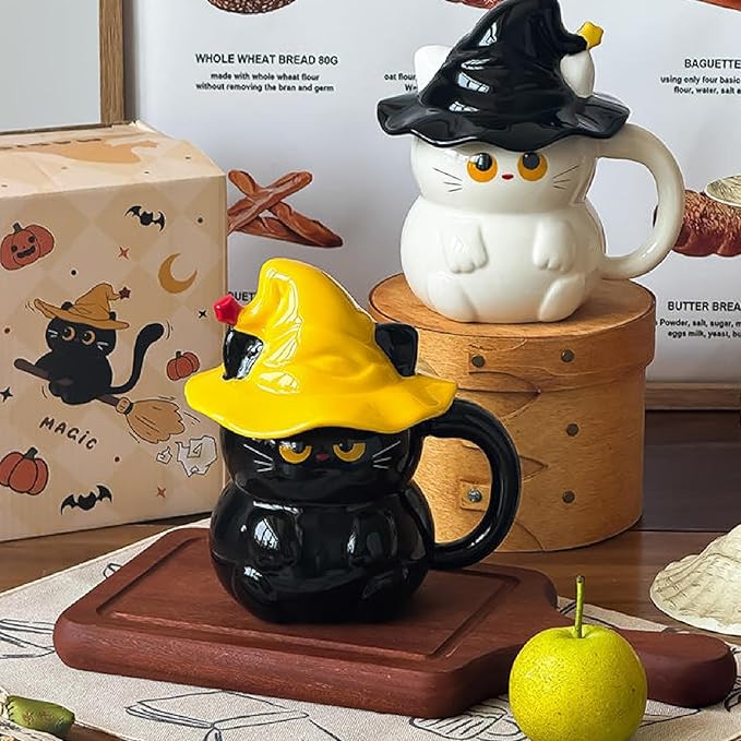 Cute Magic Cat Mug, Halloween Cat with Hat Cup, Mugs for Cat Lovers, Ceramic Mug with Lid, Gifts for Adults Kids Women