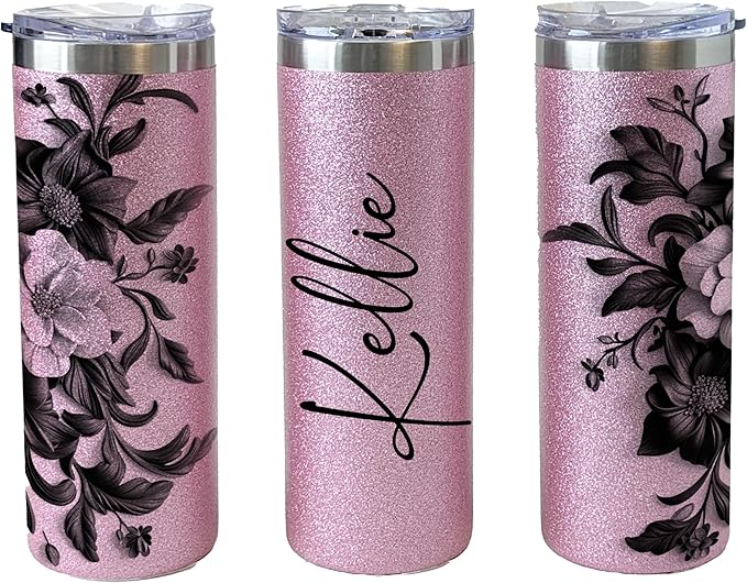 MRC Wood Products Personalized 20oz Glitter Tumbler with Floral Motif - Custom Name Insulated Cup, for Her (Pink)
