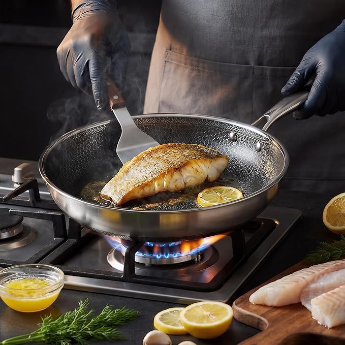 11 Inch Non-Stick Frying Pan with Lid Tri-Ply Stainless Steel Pan with Stay-Cool Handle Oven & Dishwasher Safe For Induction, Ceramic & Gas Stovetops