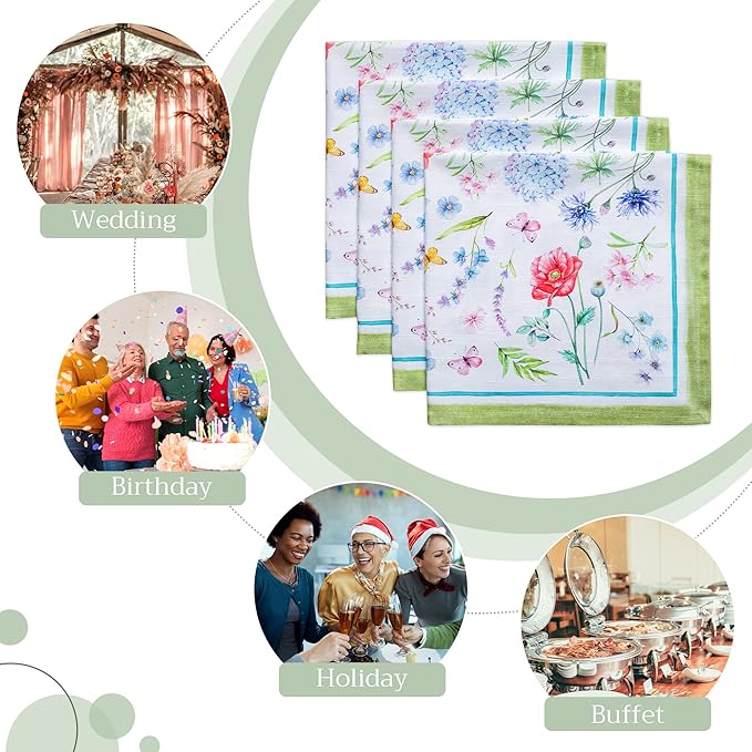 Maison d' Hermine Cloth Napkins Set of 4 100% Cotton Everyday Reusable Square Napkins Cloth Washable Dinner Party Wedding Restaurant Valentines Day Decorations Spring/Summer (Just Floral, 20" x 20")