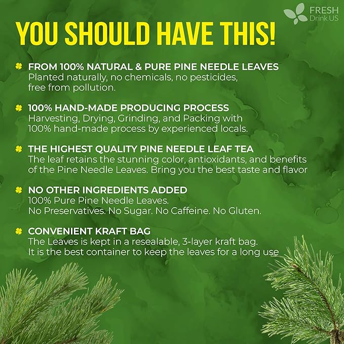 FreshDrinkUS, Premium 8oz Pine Needle Leaves Herbal Tea – Dried Loose Leaf Pine Needles – Naturally Fresh & Aromatic Caffeine-Free Herbal Tea. Sugar-Free. Vegan