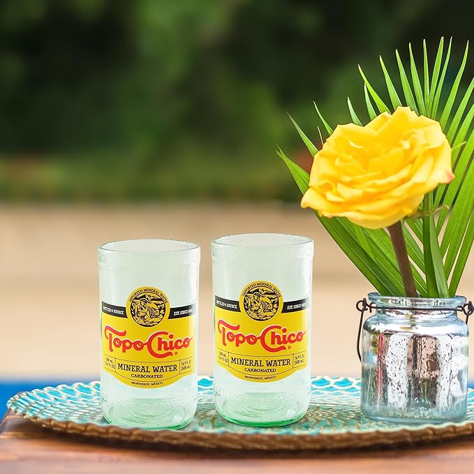 Topo Chico Drinking Glasses 12 Fl Oz Fire Polished Smooth Rim Upcycled (Set of 2) Gift - Glassware Sets - Glass Tumbler - Water Cocktail Wine Whiskey Tequila Glass - Cup - Recycled Drinkware