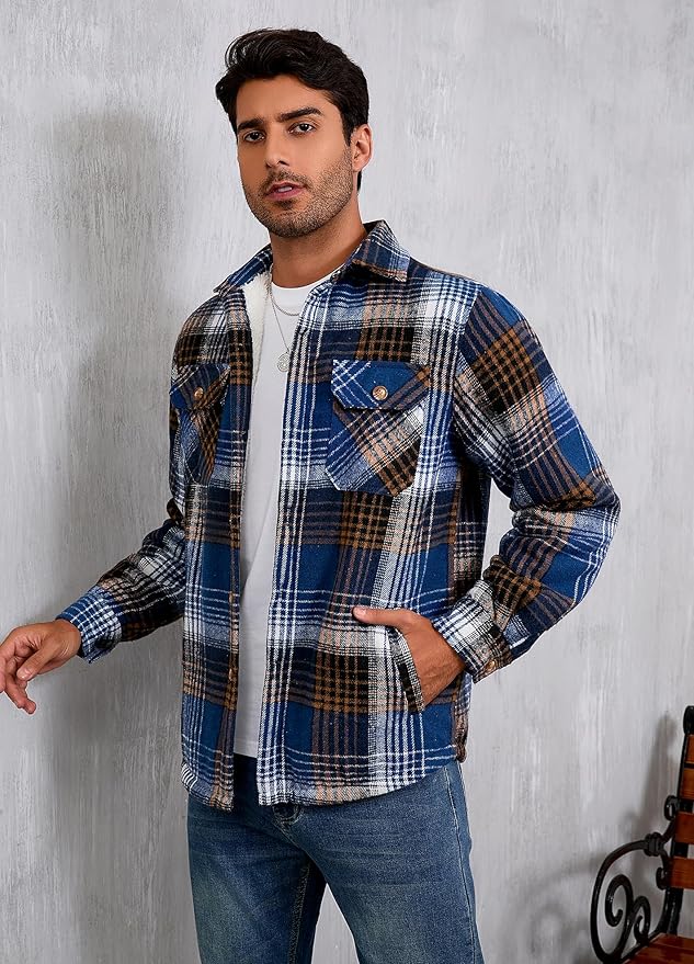 Men's Cotton Sherpa Lined Button Down Flannel Shirt Jacket Plaid Soft Outdoor Flannel Jacket Shirt
