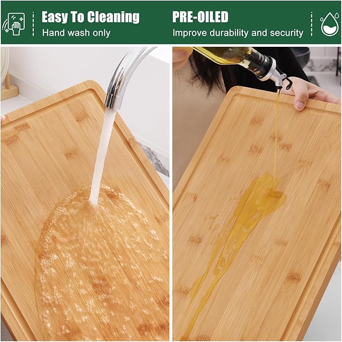 Homaxy Organic Bamboo Cutting Boards for Kitchen, 15"x10" Wooden Medium Cutting Board with Juice Groove and Handles, Charcuterie Butcher Block Wood Serving & Chopping Board - Pre Oiled