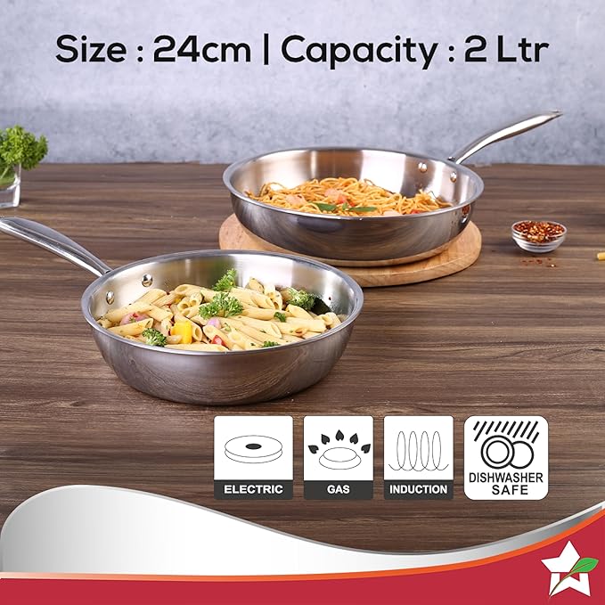 Wonderchef Nigella Tri-ply Stainless Steel 24 cm Fry Pan 2 litres 2.6mm Thickness with Induction Base Compatible with All cooktops Riveted Cool-Touch Handle 10 Year 20 cm Silver