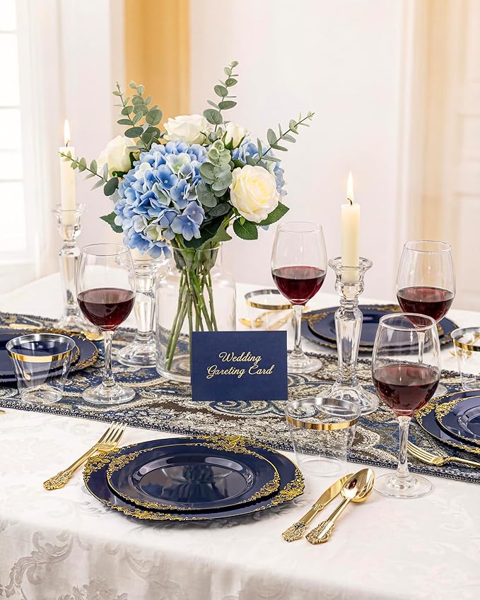 Nervure 350Pcs Blue Plastic Plates - Blue Gold Plastic Dinnerware Sets for 50 Guests - 100 Navy Gold Disposable Plates, 50 Pre Rolled Silverware, 50 Cups Perfect for Wedding & Party