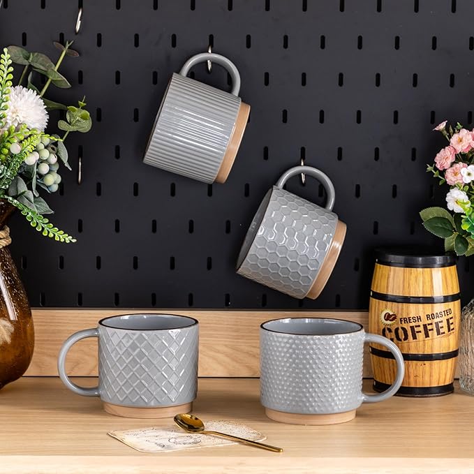 GBhome 12OZ Stackable Coffee Mugs, Ceramic Coffee Mugs with Texture Patterns for Man,Woman,Dad,Mom, Modern Coffee Cups Set of 4 for Latte/Cappuccino/Cocoa. Dishwasher&Microwave Safe, Gray