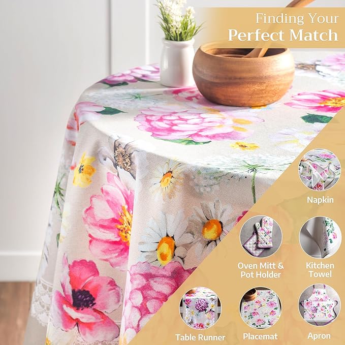 Maison d' Hermine Table Cloth Round Table 100% Cotton 69 Round Inches Tablecloth Reusable Decorative for Dining Room Farmhouse Home Valentines Day Decorations Spring Summer - Pivoine