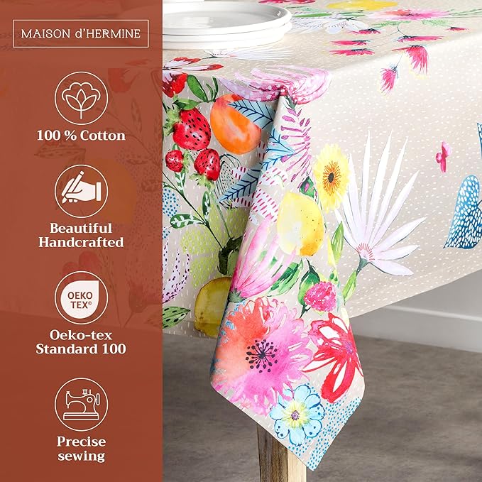 Maison d' Hermine Table Cloth Square Table 100% Cotton 54 x 54 Inches Tablecloth Reusable Decorative for Dining Room Farmhouse Home Valentines Day Decorations Spring Summer - Jardin D'Ete - Fog
