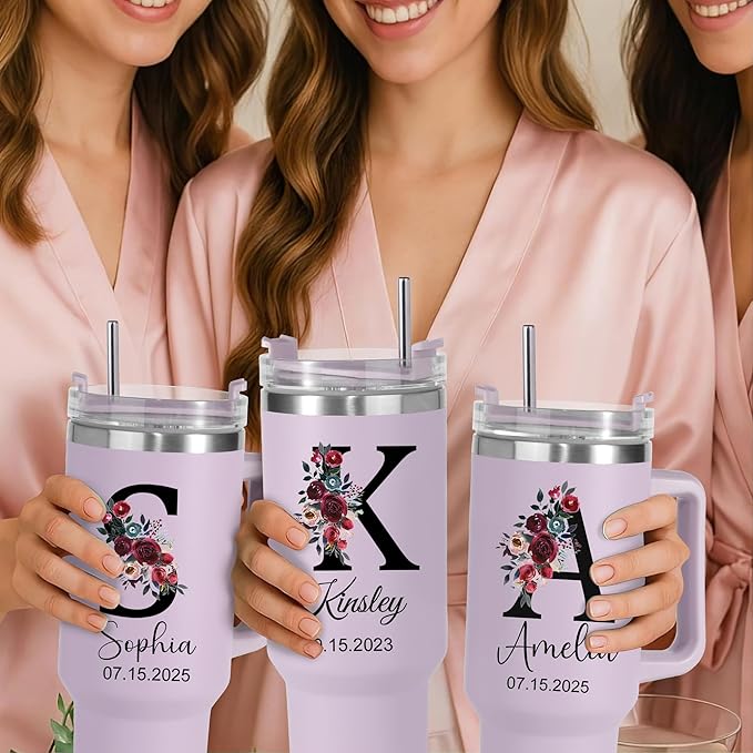 Personalized 40 oz Tumbler with Handle and Straw,Custom Bride & Bridesmaid Gift,Insulated Stainless Steel Travel Coffee Mug Customized Water Cups with Name for Wedding