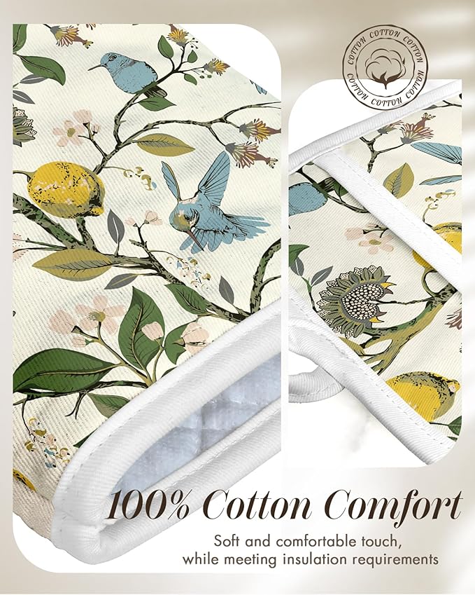 Cotton Oven Mitts and Pot Holders Sets - Quilted Lining Heat Resistant 4 Pieces Set with Hanging Loop Cute Farmhouse Boho Spring Kitchen Decor and Accessories, Lemon Bird