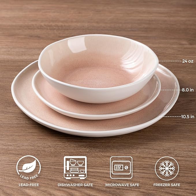 AmorArc Ceramic Dinnerware Sets,Handmade Reactive Glaze Stoneware Plates and Bowls Sets,Highly Scratch Resistant | Dishwasher & Microwave Safe Dishes Set,Service for 6 (18pc)-Pink