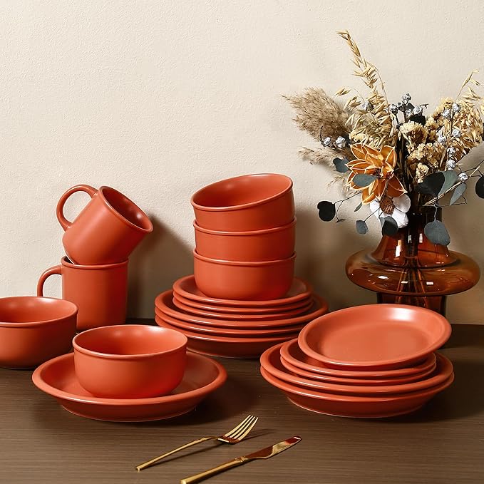 GZG 8 Inch Ceramic Dinner Salad Plates Set of 4, Rustic Matte Glaze Stoneware Dinnerware Set, Microwave & Dishwasher Safe, for Salad, Dessert, Appetizer, Everyday Use(Terracotta Blush)