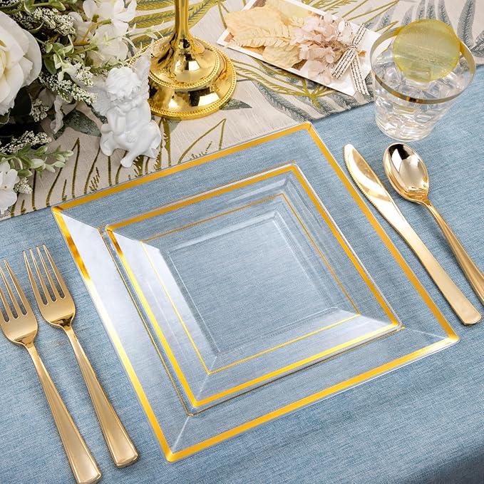 DaYammi 175 PCS Clear Gold Plastic Plates,Gold Plastic Dinnerware Sets,Includes: 25 Dinner Plates,25 Salad Plates,25 Pre Rolled Napkins with silverware,25 Cups 9 OZ, Perfect for Wedding and Party