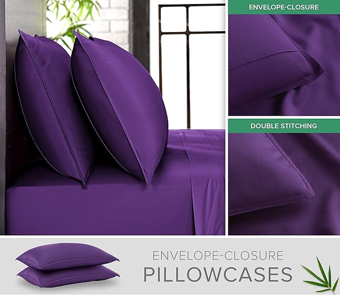 Pure Bamboo Queen Sheets, Genuine 100% Organic Viscose Derived from Bamboo Bed Sheet Set, Luxuriously Soft & Cooling, Double Stitching, 2 Year Quality Promise (Queen, Purple)