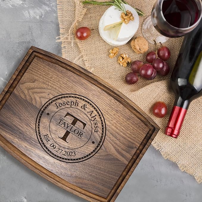 Wedding Gifts for Couples 2026 - Personalized Cutting Board - Bridal Shower, Newlyweds, Engagement, Anniversary, Housewarming Gifts - Round Stamp Monogram-Family Charcuterie Board - Made in USA #097