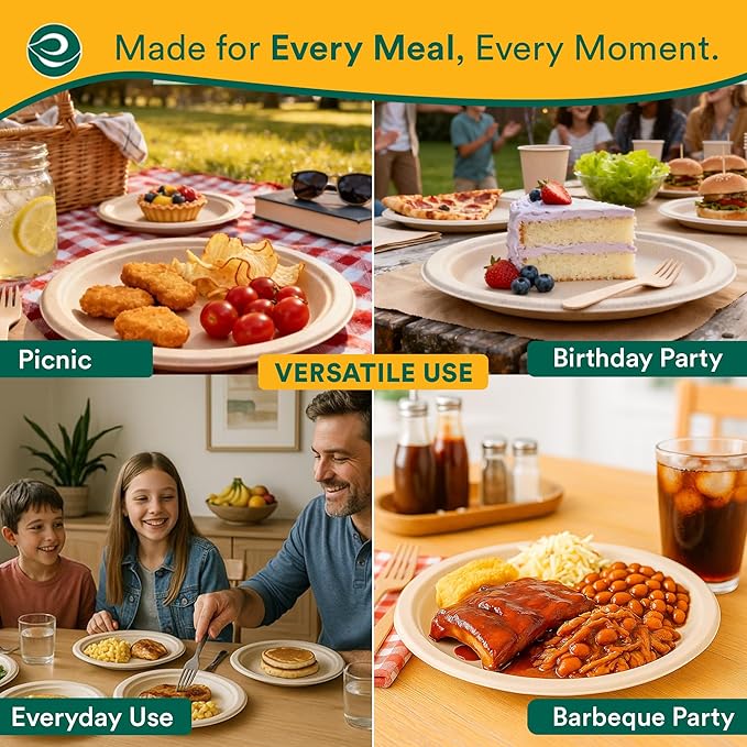 ECO SOUL Compostable 9 Inch(100-Pack) Biodegradable Heavy-Duty Disposable Eco-Friendly Paper Plates for Dinner & Parties, Wedding, Event
