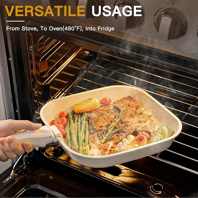 Astercook 23 Pcs Pots and Pans Non Stick Ceramic Cookware Set Detachable Handle, RV Stackable Kitchen Cooking Set Removable Handles, Oven Safe, Induction Ready, Cream White