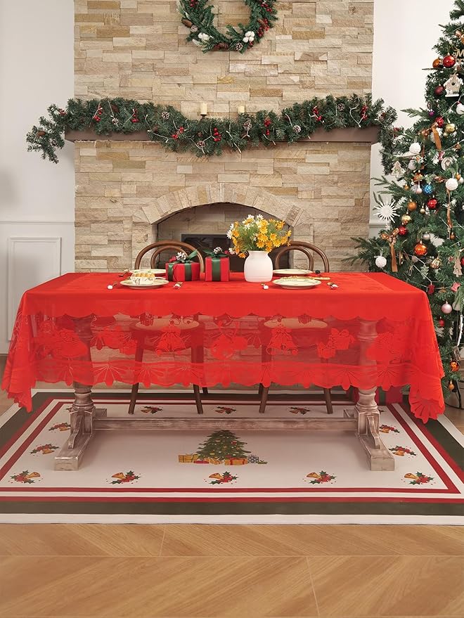 Jayla Christmas Red Lace Tablecloth, Vintage Red Lace Rectangular Tablecloth for Party Picnic Dinner Decor, 54 x 54 Inches