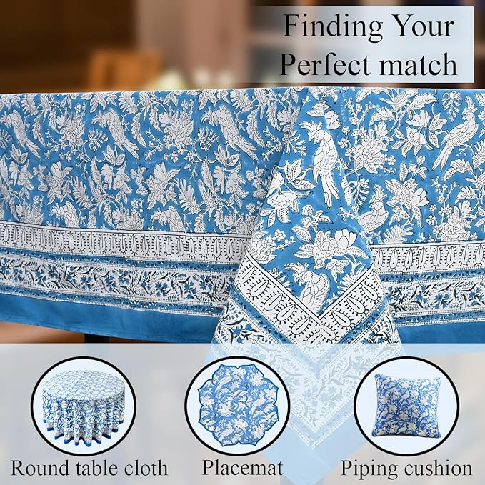 CPC Tablecloth 100% Cotton 70x118 Inch Indian Block Print Rectangle Table Cover, Washable Table Cloth for Weddings, Spring/Summer, Barbeque - Blue Sapphire