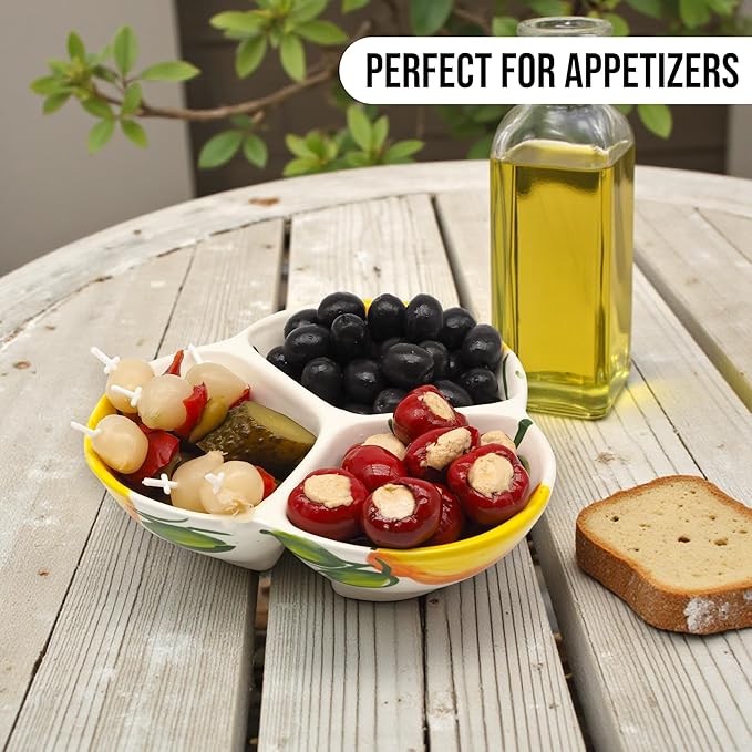 Ceramic Chip & Dip Bowl 7.5”, 3-Compartment Divided Serving Dish & Condiment Tray for Appetizers – Handmade in Spain, Lead-Free Glaze, Microwave, Oven & Dishwasher Safe