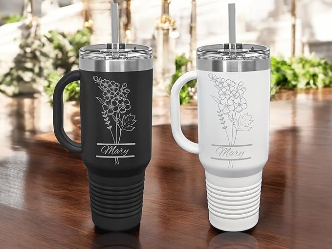 Perzonalized 40 oz Tumbler with Handle, Birth Flower Engraving – Fits Most Cup Holders, Dishwasher Safe, BPA-Free Lid & Straw – Powder-Coated Stainless Steel – Personalized Gift for Her