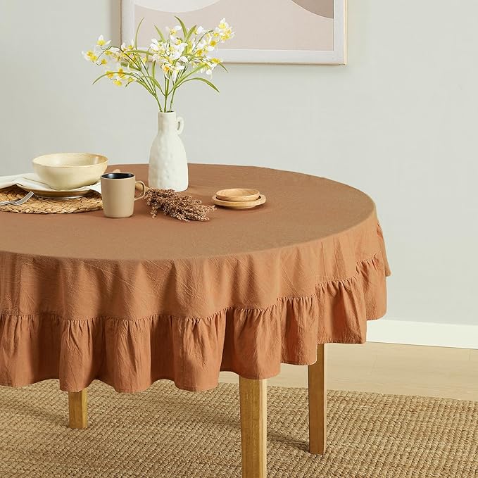 MONDAY MOOSE Ruffle Farmhouse Rustic Round Natural Stonewashed Cotton Tablecloth for Kitchen, Dining Room, Restaurant (60" Round, Cinnamon)
