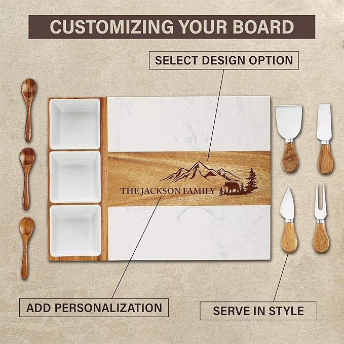 Personalized Charcuterie Board Set, Housewarming Gift for New Home, Custom Engraved Marble Wood Cheese Board, Realtor Closing Gift, New Apartment & First Home Gift for Couples and Friends