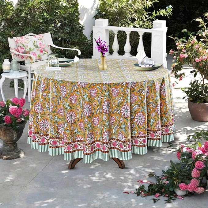 Ridhi Block Print Round Biscotti Yellow Reusable Tablecloth 100% Cotton 60" Inch Decorative Table Cover eveyday Dining, Home, Party, Wedding, Farmhouse Gift for Spring, Easter, Valentine