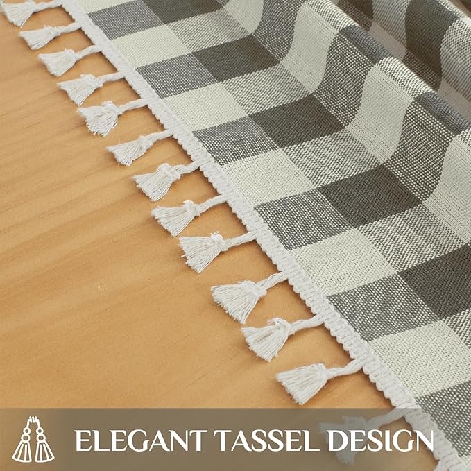 Softalker Checkered Tablecloth Rectangle, Outdoor Linen Cotton Gingham Table Cloth with Tassel, Heavy Duty Wrinkle Free Buffalo Plaid Table Cover for Kitchen Dining Home Party - 55 x 120 Inch, Coffee