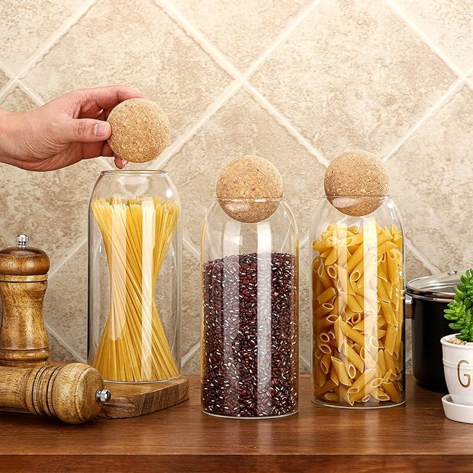 3 Pcs Glass Jar with Ball Cork Lid Decorative Round Bottle Sealed Canister Jar Storage Container Organizer with Airtight Seal Wooden Lid for Food Coffee Bean Candy Biscuits Spice(1000 ML/ 34 Oz)