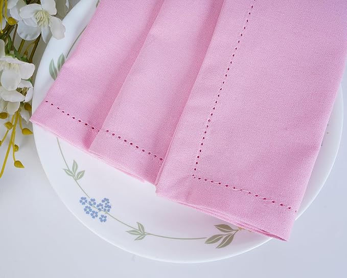 Blue Needles Set of 12 Hemstitch Linen Napkins 100% Cotton Blush Pink Cloth Dinner Napkins 18x18 inches, Soft, Reusable, Absorbent, Washable, Ideal for Wedding Events, Parties & Everyday Use