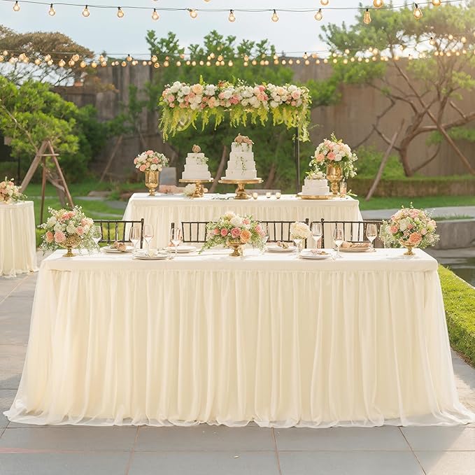 4 Pack 8ft Champagne Tulle Tablecloths for Rectangle Tables, 8 Foot Champagne Rectangular Table Cloth, Wrinkle Free Table Cover with Tutu Skirt for Wedding Birthday Party Banquet Buffet Bridal Shower