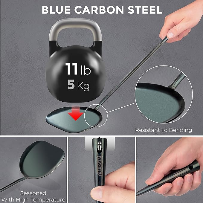 YOSUKATA Black Carbon Steel Wok Pan 14" (Round Bottom) With Lid 13.6 Inch - Premium Stainless Cover + Pre-Seasoned - Blue Carbon Steel 17-inch Spatula, Ladle, 3 Pairs of Chopsticks