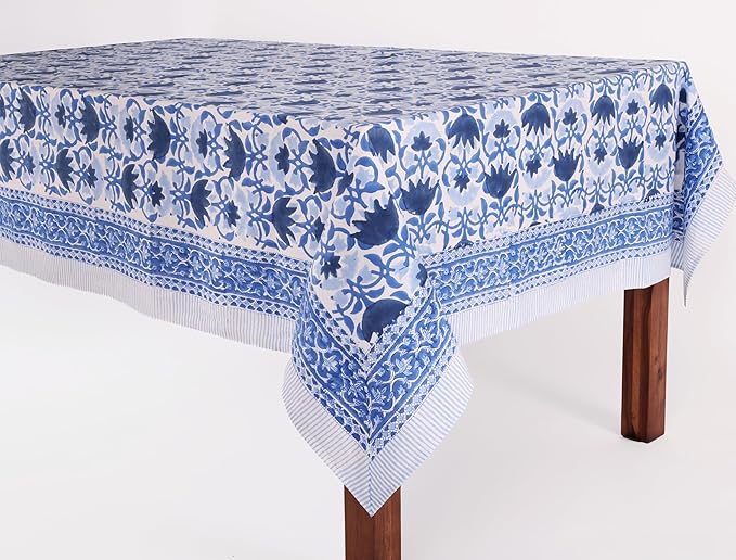 ATOSII Positano Blue 100% Cotton Rectangle Fall Tablecloth, Handblock Floral Linen Table Cloth for Dining Table I Parties Christmas Thanksgiving Grand Millennial Home Decor 72 X 140 Inches I 12 Seater