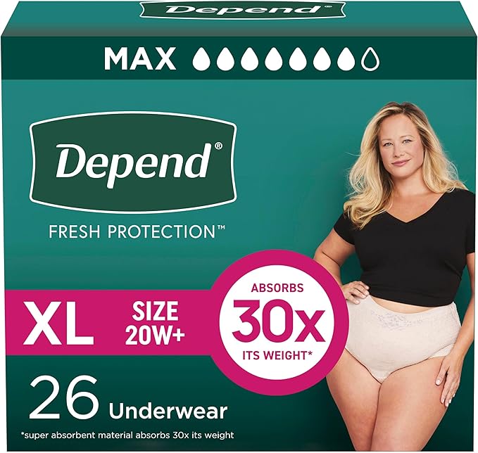 Depend Fresh Protection Adult Diapers, Incontinence & Postpartum Bladder Leak Underwear for Women, Disposable, Maximum, Extra-Large, Blush, 26 Count, Packaging May Vary