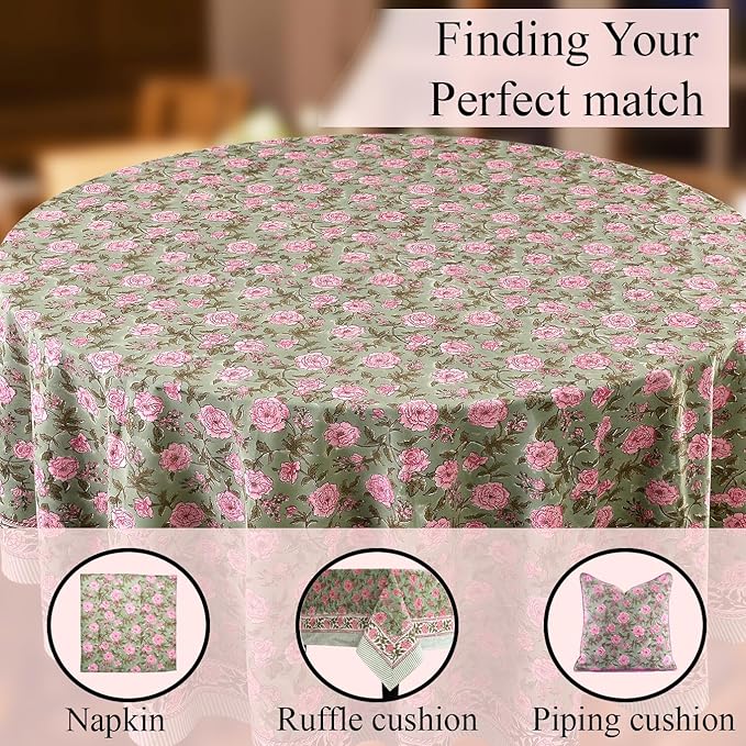 CPC Round Tablecloth- Cotton Indian Block Print Tablecloth -Handmade Printed Washable Cotton Table Cloth - Spring/Summer, Wedding Table Cover - Pink Tourmaline 90 Inches