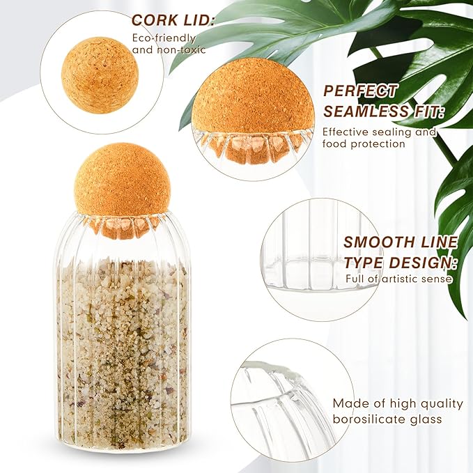 Suclain 5 Pack Glass Jar Set with Spherical Cork Ball 4 Sizes Food Storage Tank Candy Jars Coffee Canister Airtight Jars for Kitchen Ball Bottle Holder Spice Sugar Tea (Vertical Pattern Style)